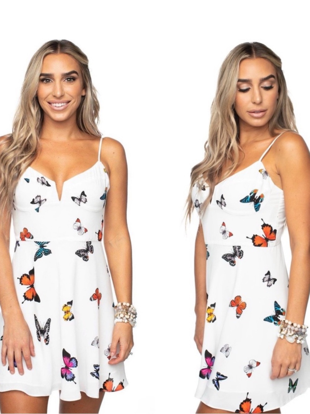 Buddy Love White Butterfly Print Mini Dress with Orange & Blue Accents